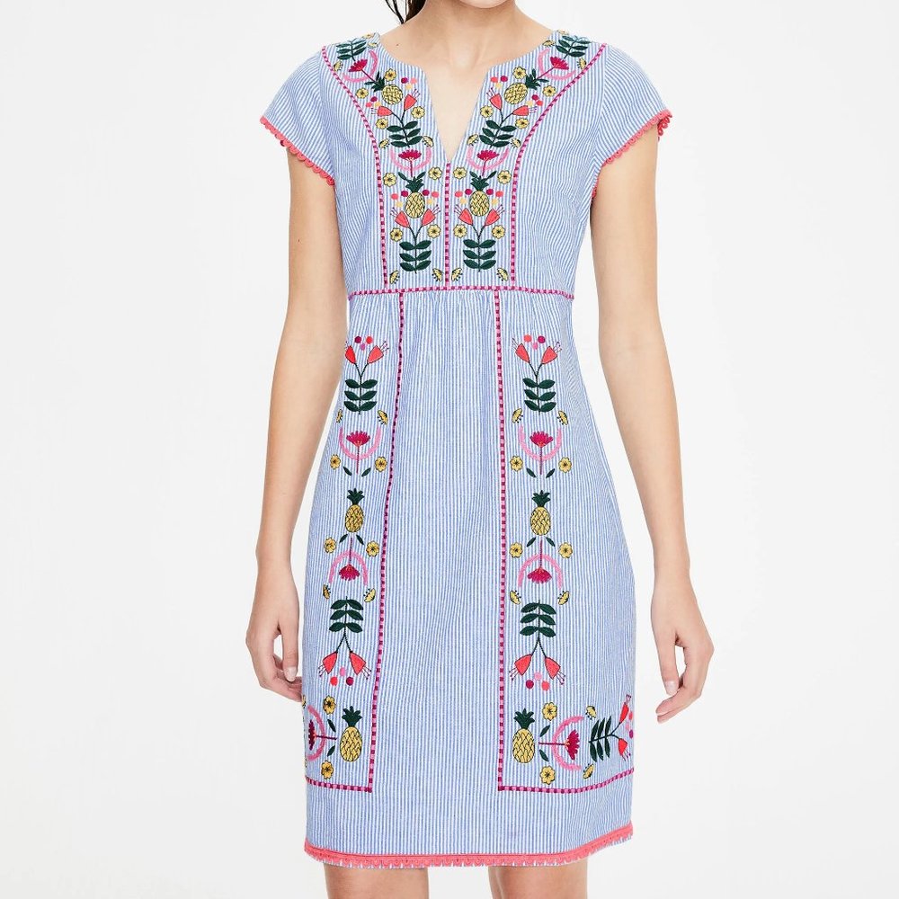 Boden Striped Blue Dress with Floral Embroidery